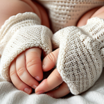 **Close-up of soft, organic cotton fabric.** Focus on the texture and natural appearance, highlighting its gentle touch. Ideal for newborn baby gloves.