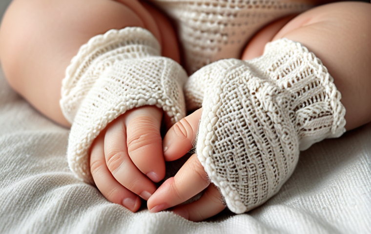**Close-up of soft, organic cotton fabric.** Focus on the texture and natural appearance, highlighting its gentle touch. Ideal for newborn baby gloves.