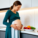 A healthy pregnant woman, in modest, comfortable clothing, gently touching her abdomen with a serene expression. She stands in a brightly lit, modern kitchen. On a clean countertop, a vibrant, colorful plate is arranged with fresh fruits, green leafy vegetables, whole grains, and a lean protein source. A clear glass of water sits prominently beside the plate. Professional photography, soft natural lighting, high resolution, detailed, realistic, perfect anatomy, correct proportions, natural pose, well-formed hands, proper finger count, natural body proportions, fully clothed, appropriate attire, safe for work, appropriate content, family-friendly.