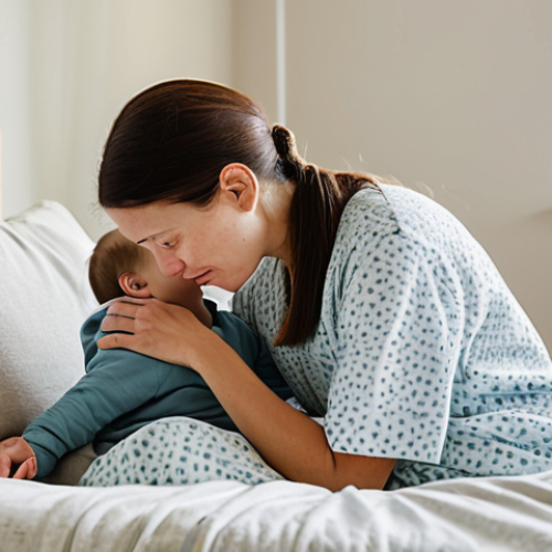 Home 9 A caring mother gently comforting her young child who has a mild fever. The mother is in a modest, comfortable house dress, and the child is in light, loose-fitting pajamas. Both are fully clothed, appropriate attire. They are in a calm, softly lit bedroom, with a cozy blanket draped over the child. The room is airy and clean. natural pose, perfect anatomy, correct proportions, well-formed hands, proper finger count, natural body proportions, high quality, professional photography, safe for work, appropriate content, family-friendly, modest clothing.