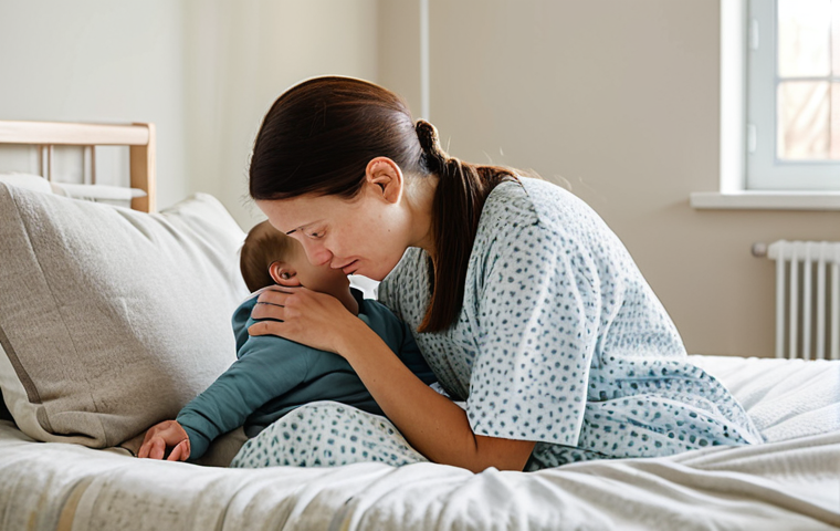 A caring mother gently comforting her young child who has a mild fever. The mother is in a modest, comfortable house dress, and the child is in light, loose-fitting pajamas. Both are fully clothed, appropriate attire. They are in a calm, softly lit bedroom, with a cozy blanket draped over the child. The room is airy and clean. natural pose, perfect anatomy, correct proportions, well-formed hands, proper finger count, natural body proportions, high quality, professional photography, safe for work, appropriate content, family-friendly, modest clothing.