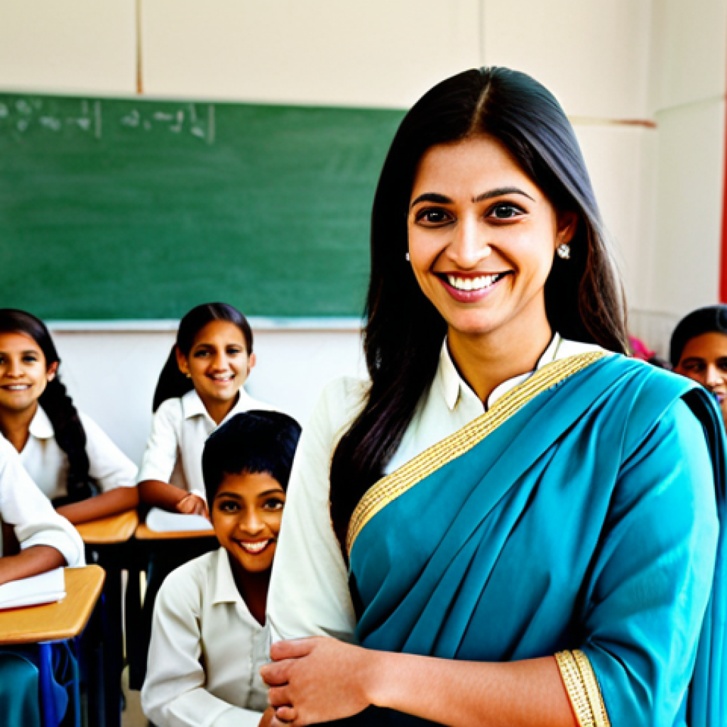 A professional female teacher in a modest sari, smiling warmly at a group of diverse, fully clothed elementary school children in a bright and cheerful classroom, appropriate attire, safe for work, perfect anatomy, natural proportions, professional educational setting, high quality.