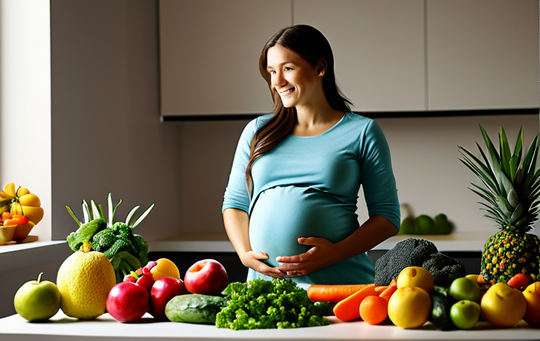 A pregnant woman in modest clothing, glowing with health, gently holding her belly. She's surrounded by vibrant fruits and vegetables, symbolizing good nutrition. Soft, warm lighting. "safe for work", "appropriate content", "fully clothed", "professional", perfect anatomy, natural pose.