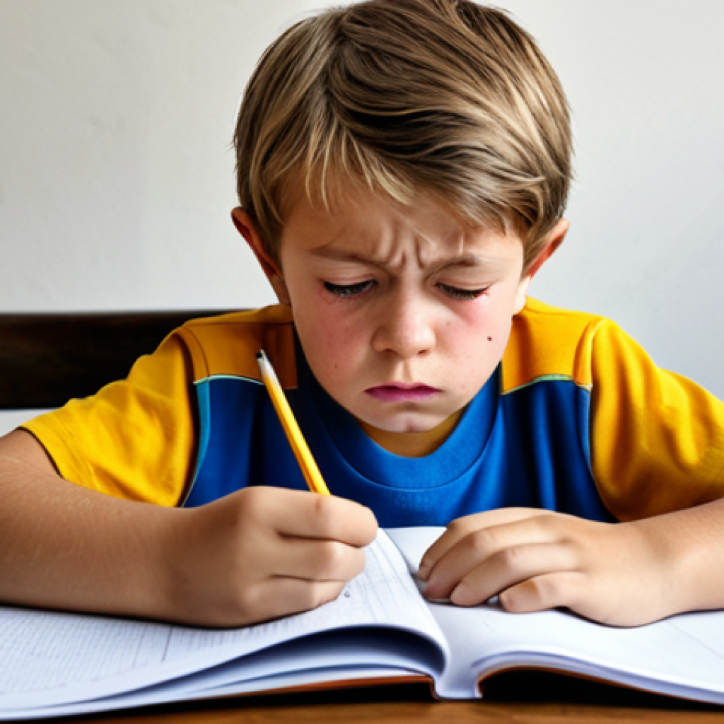 아이들의 짜증 관리 - ** A young, fully clothed child, looking frustrated and tired, sitting at a table with unfinished ho...