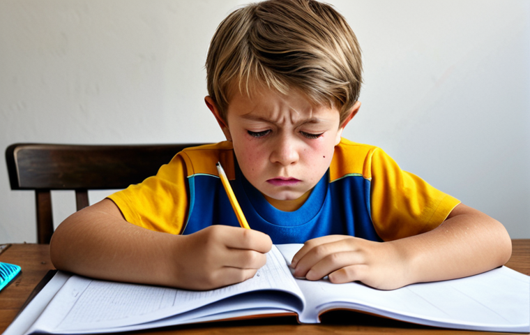 아이들의 짜증 관리 - ** A young, fully clothed child, looking frustrated and tired, sitting at a table with unfinished ho...