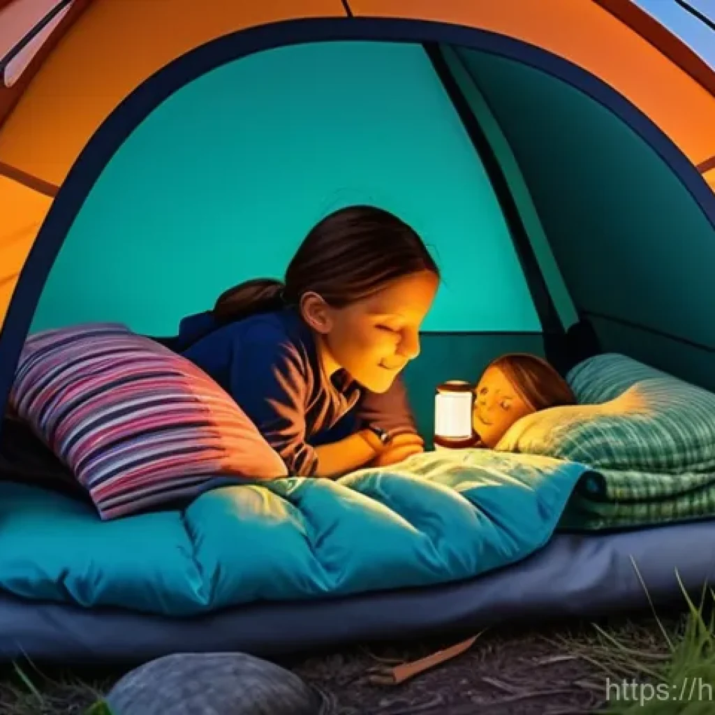 아이와 캠핑 준비물 - **Prompt:** A cozy and inviting camping tent interior, depicting two children (a boy approximately 8...