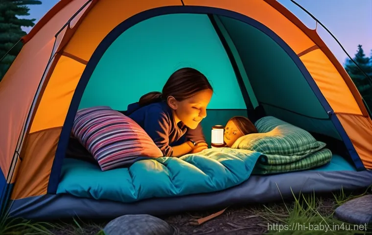 아이와 캠핑 준비물 - **Prompt:** A cozy and inviting camping tent interior, depicting two children (a boy approximately 8...