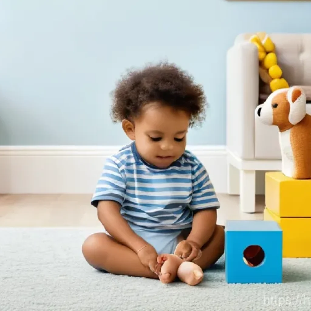 아기와 놀이방 꾸미기 - **Prompt:** A cozy and safe toddler's play area, bathed in warm, soft sunlight. A cheerful toddler, ...