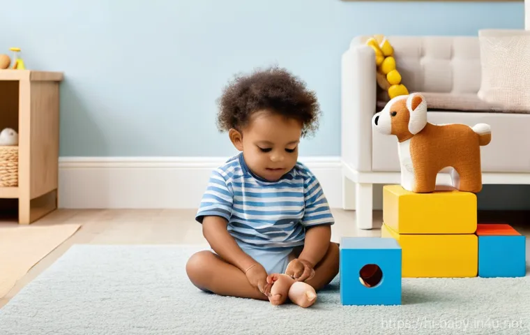 아기와 놀이방 꾸미기 - **Prompt:** A cozy and safe toddler's play area, bathed in warm, soft sunlight. A cheerful toddler, ...