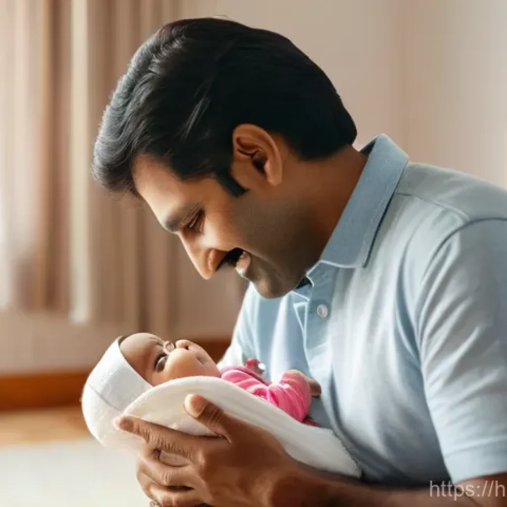 아빠 육아 참여 꿀팁 - **Prompt:** A heartwarming, realistic image of a loving Indian father, in his late 30s, gently cradl...