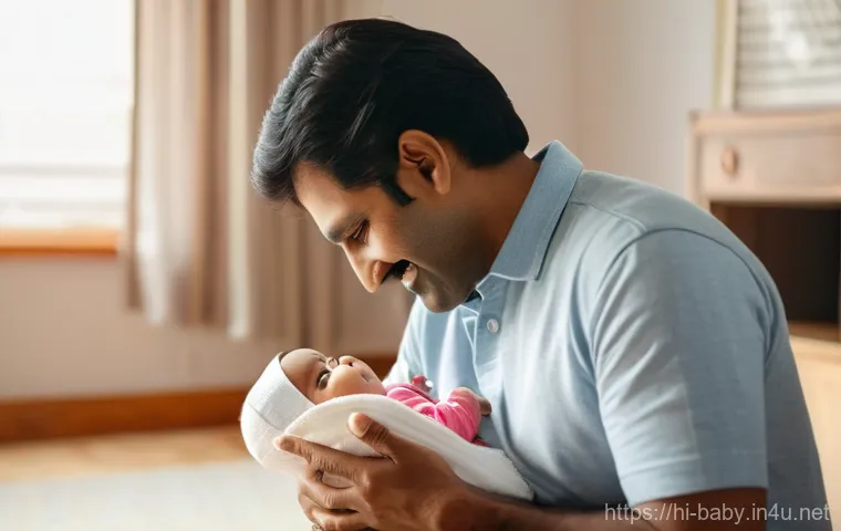 아빠 육아 참여 꿀팁 - **Prompt:** A heartwarming, realistic image of a loving Indian father, in his late 30s, gently cradl...