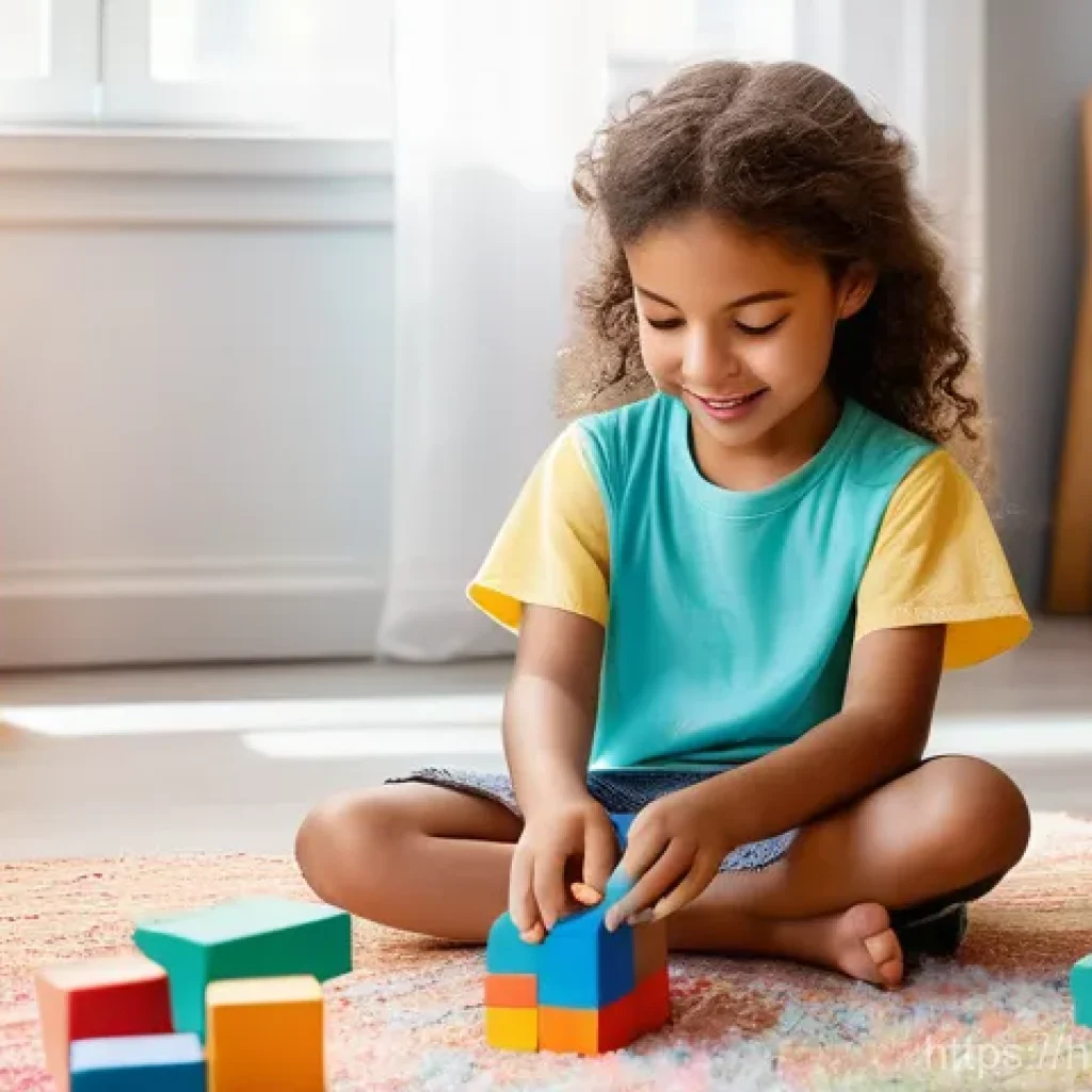 아기와 독립적인 놀이 방법 - **Prompt:** A cheerful, imaginative young girl, around 6-7 years old, with bright, curious eyes and ...