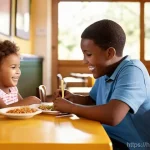아기와 외식 꿀팁 - **Prompt:** A heartwarming scene inside a bustling, family-friendly restaurant during lunchtime. A d...