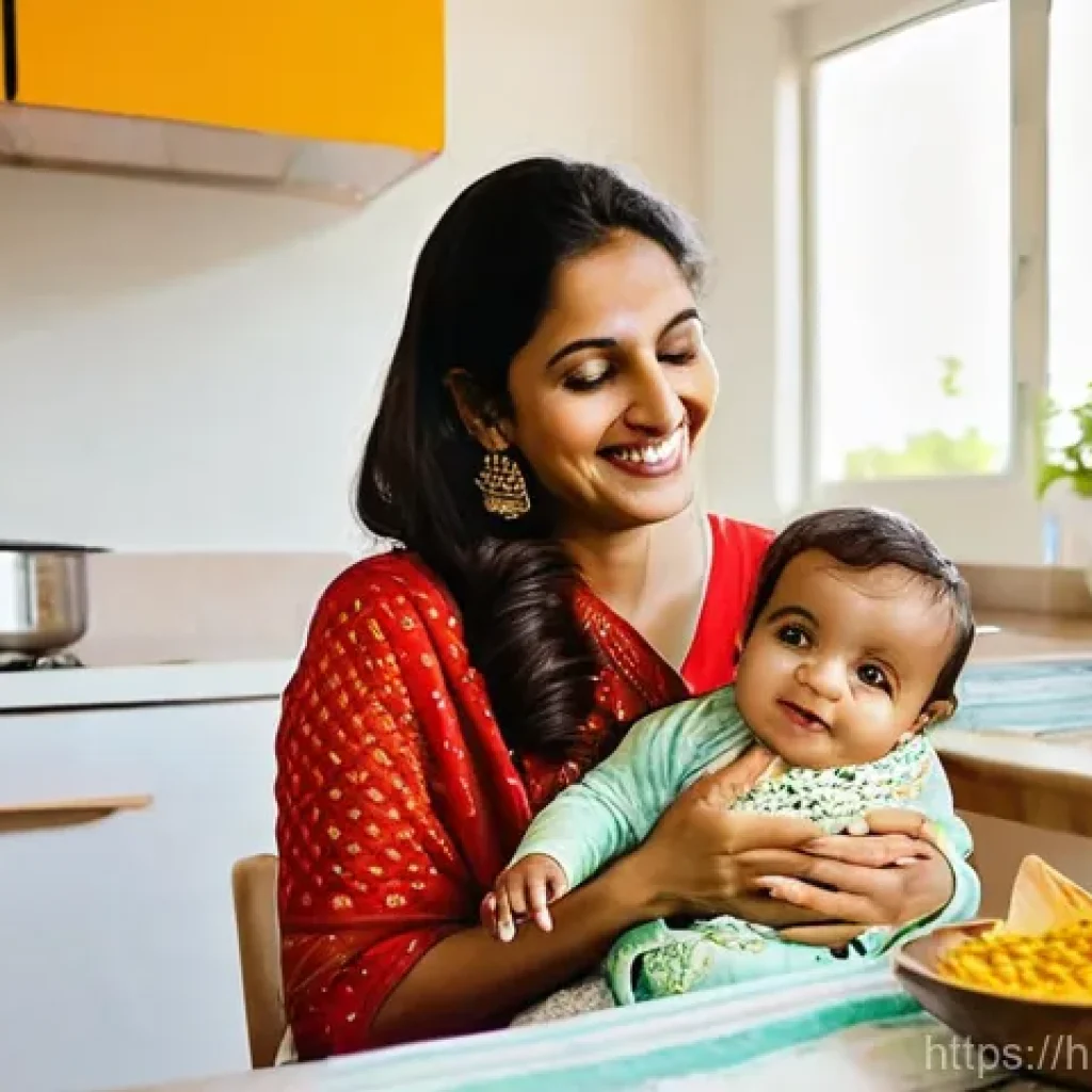 아기와 고체 이유식 시작 - **Prompt:** A heartwarming scene of a young, smiling Indian mother (mid-20s to early 30s, dressed in...
