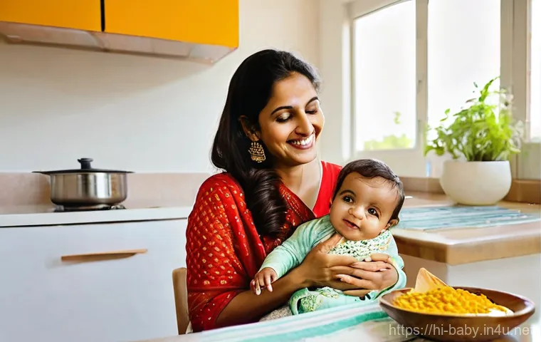 아기와 고체 이유식 시작 - **Prompt:** A heartwarming scene of a young, smiling Indian mother (mid-20s to early 30s, dressed in...