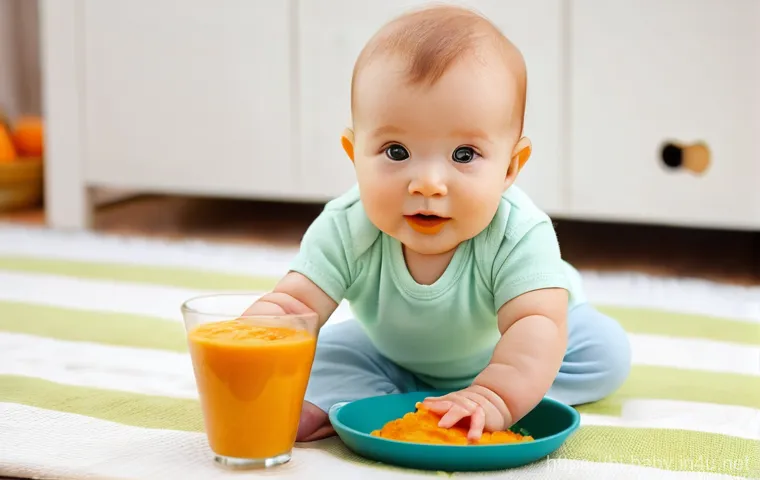 아기와 고체 이유식 시작 - **Prompt:** A heartwarming scene of a young, smiling Indian mother (mid-20s to early 30s, dressed in...