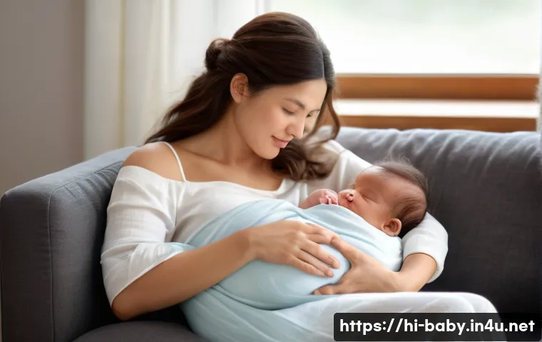 출산 전후 체중 감량법 - **A serene and loving scene of a new mother gently breastfeeding her content baby.** The mother has ...