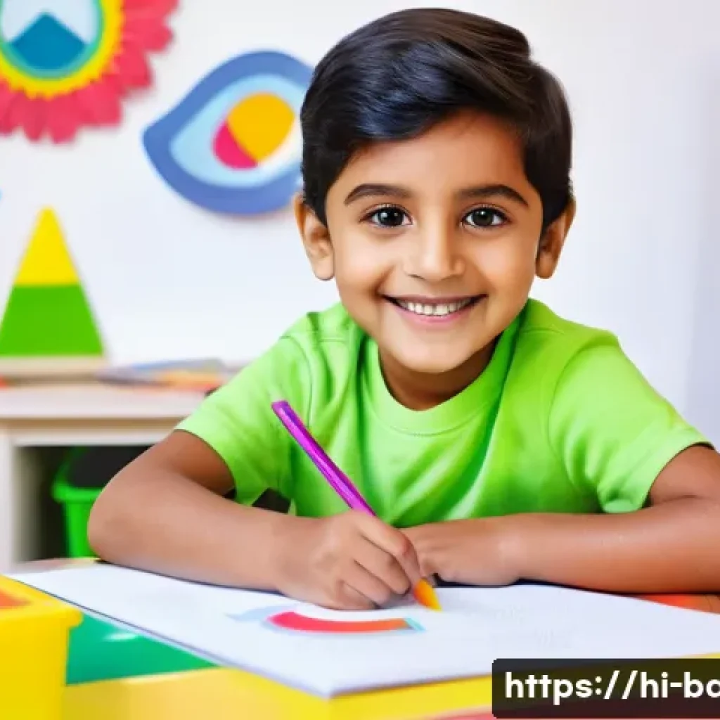 아기와 유아용 워크북 추천 - A cheerful scene of a young Indian child, around 3 years old, sitting at a small colorful table with...