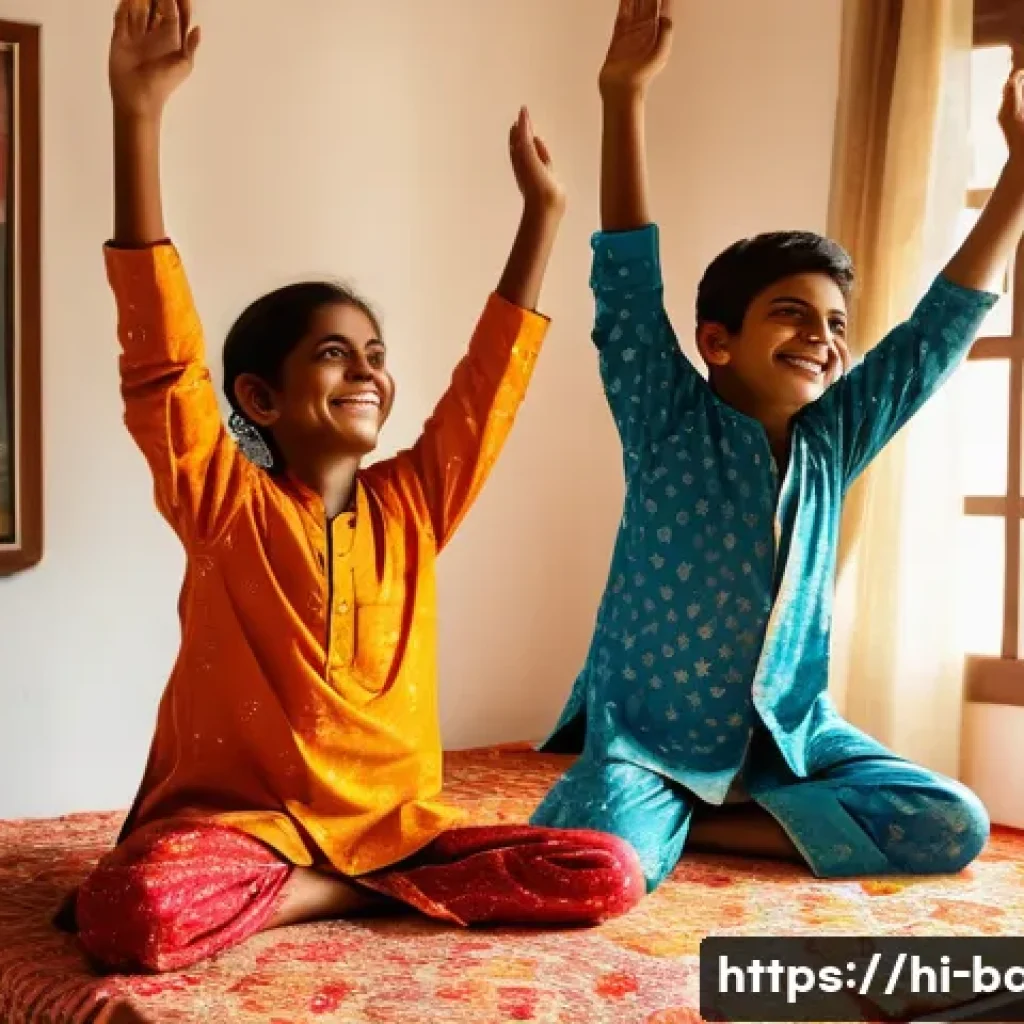아기와 아침 기상 습관 - A cheerful Indian boy and girl waking up with the first rays of the morning sun streaming through a ...