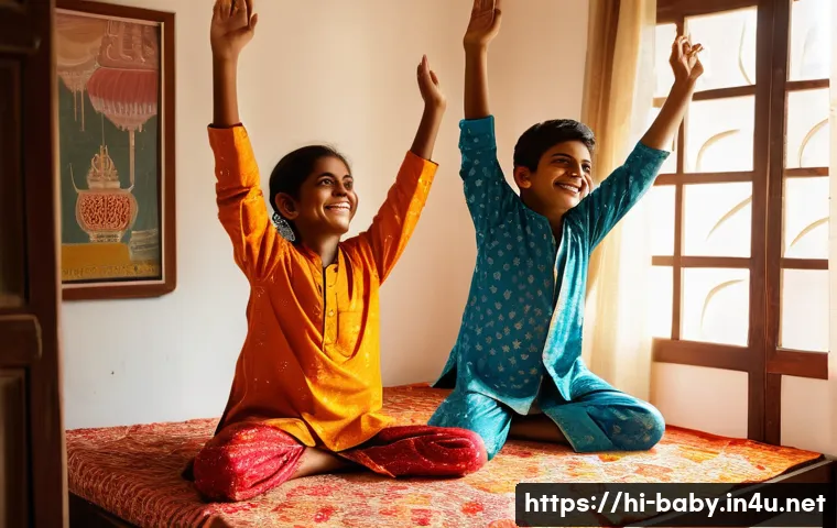 아기와 아침 기상 습관 - A cheerful Indian boy and girl waking up with the first rays of the morning sun streaming through a ...