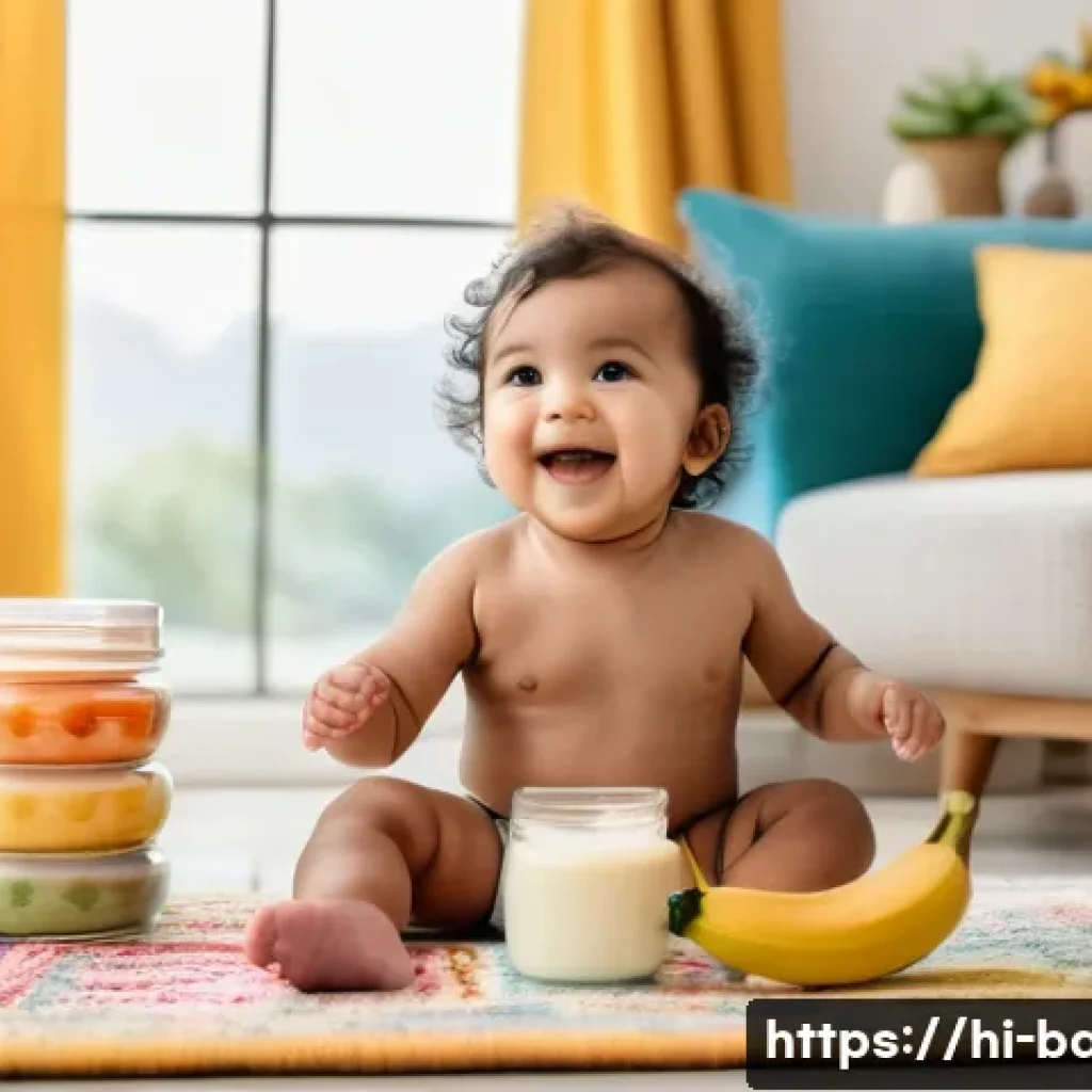 아기 유산균 추천 - A warm, cozy nursery scene featuring a happy Indian toddler wearing a diaper, sitting on a soft colo...