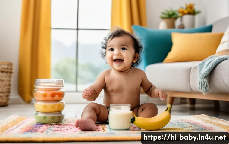 아기 유산균 추천 - A warm, cozy nursery scene featuring a happy Indian toddler wearing a diaper, sitting on a soft colo...