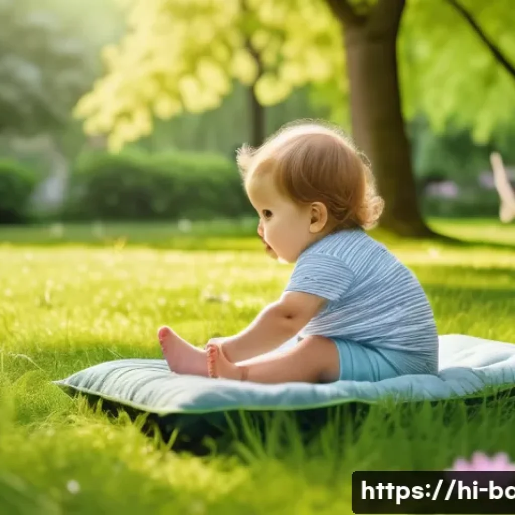 아기와 산책 루트 추천 - A serene green park scene featuring a toddler wearing a colorful diaper, playing happily on soft gra...