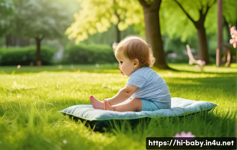 아기와 산책 루트 추천 - A serene green park scene featuring a toddler wearing a colorful diaper, playing happily on soft gra...