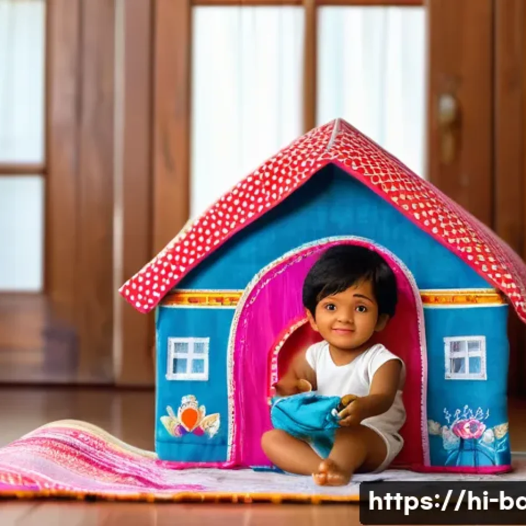 아기와 놀이교구 DIY - A cozy indoor scene showing a young Indian child wearing a diaper, happily playing with a handmade f...