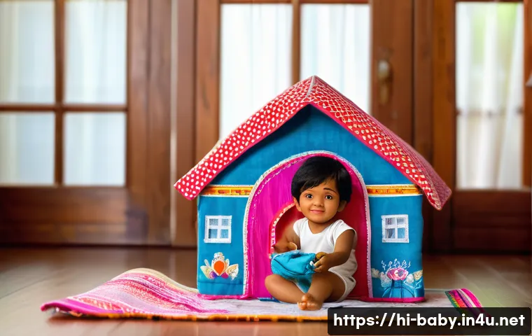 아기와 놀이교구 DIY - A cozy indoor scene showing a young Indian child wearing a diaper, happily playing with a handmade f...