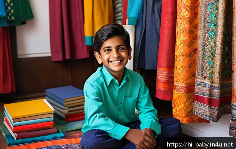 아기와 독립심 키우기 - A warm and cozy indoor scene showing a young Indian boy wearing colorful casual clothes and neatly a...