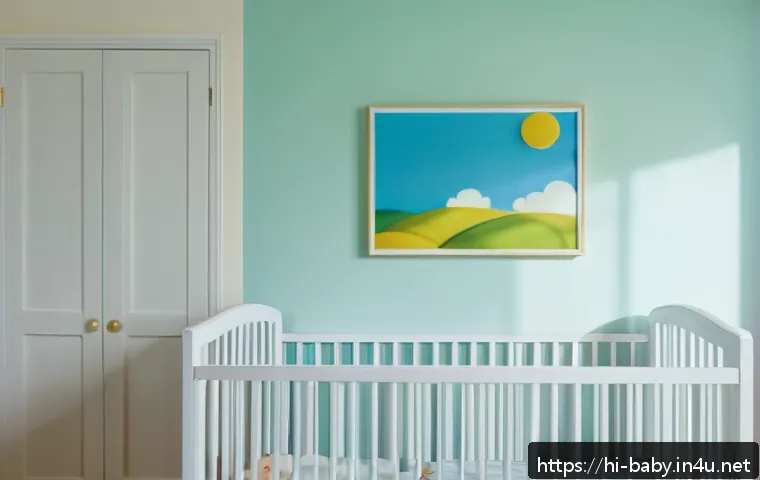 아기 돌연사 예방법 - A peaceful nursery scene featuring a newborn baby sleeping safely on their back in a crib with a fir...