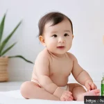 Home 21 아기 보습크림 바르는 법 - A gentle and nurturing scene of a toddler with delicate, soft skin wearing a light-colored diaper, s...