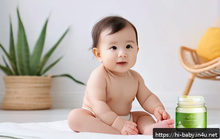 아기 보습크림 바르는 법 - A gentle and nurturing scene of a toddler with delicate, soft skin wearing a light-colored diaper, s...