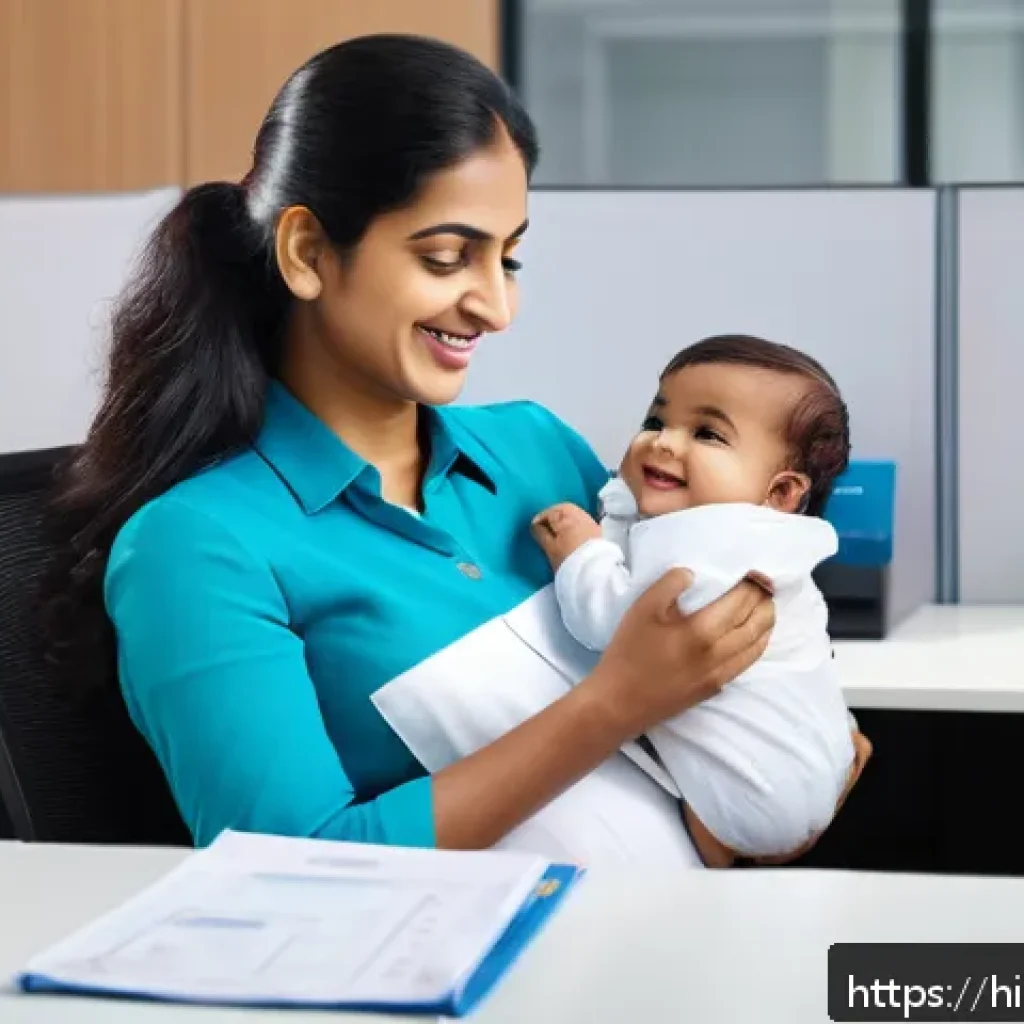 육아휴직 급여 계산법 - A professional Indian working mother sitting at her office desk, smiling gently while holding her in...
