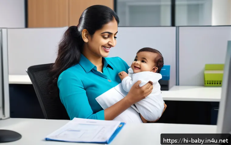 육아휴직 급여 계산법 - A professional Indian working mother sitting at her office desk, smiling gently while holding her in...