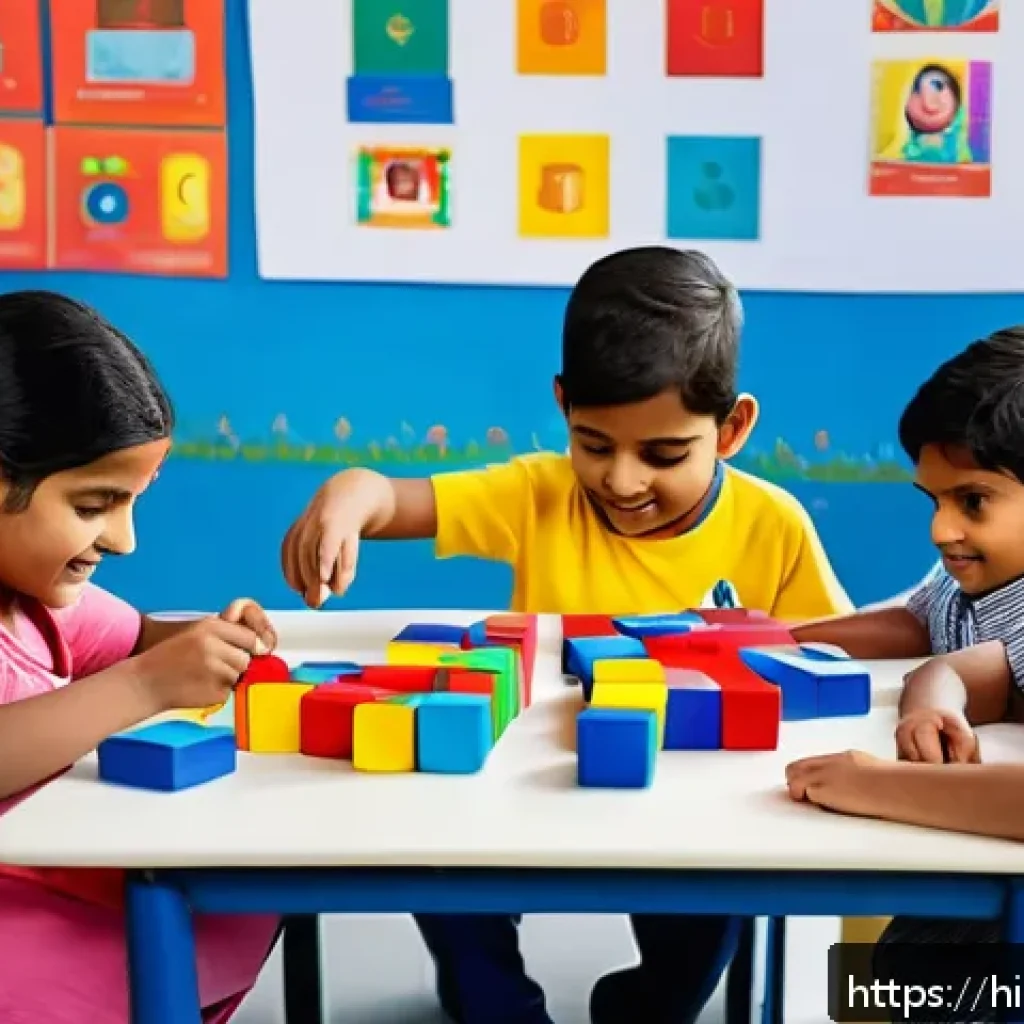 아기 언어발달 놀이법 - A vibrant classroom scene featuring Indian children aged around 4-6, playing with colorful blocks an...
