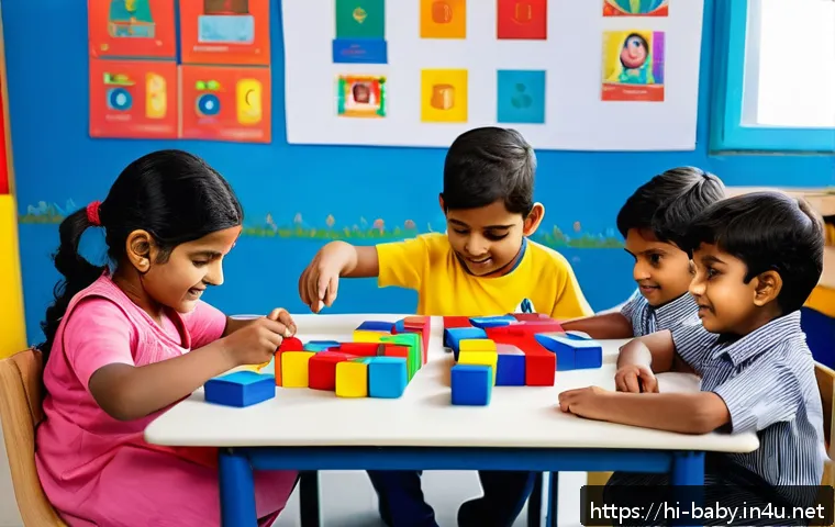 아기 언어발달 놀이법 - A vibrant classroom scene featuring Indian children aged around 4-6, playing with colorful blocks an...