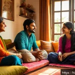 Home 23 육아 스트레스 해소법 - A warm and inviting Indian family sitting together in a cozy living room, engaging in open and atten...