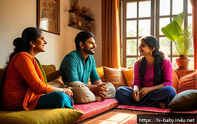 육아 스트레스 해소법 - A warm and inviting Indian family sitting together in a cozy living room, engaging in open and atten...