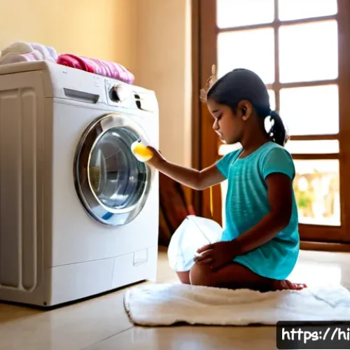 아기 전용 세탁세제 추천 - Photorealistic Indian home laundry room, a gentle mother in modest casual clothing carefully measuri...