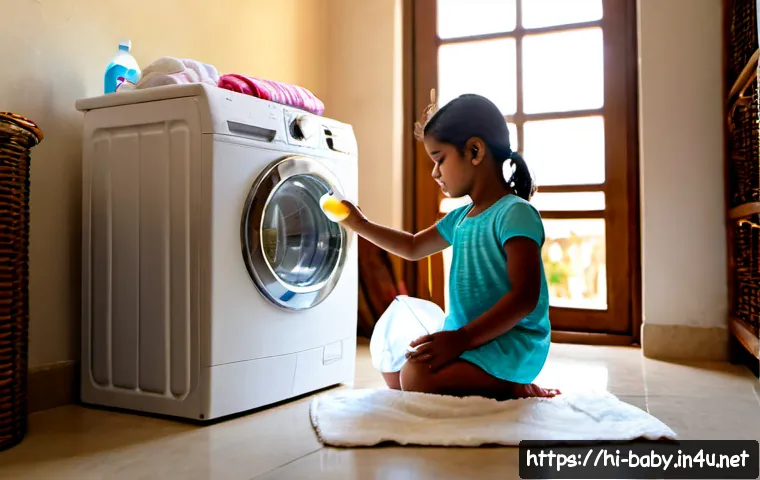 아기 전용 세탁세제 추천 - Photorealistic Indian home laundry room, a gentle mother in modest casual clothing carefully measuri...