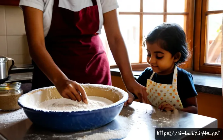 Home 17 아이와 홈베이킹 - Photorealistic warm home kitchen scene, an Indian mother and her young child wearing aprons, happily...