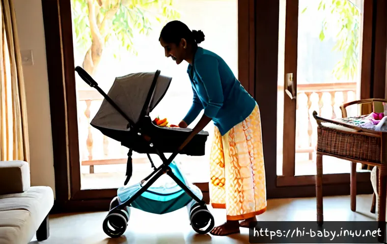 중고 유아용품 활용법 - Photorealistic Indian family home, a young mother and father carefully inspecting a clean secondhand...