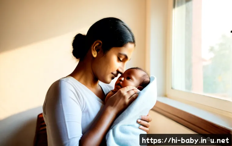 Home 17 아기와 호흡기 질환 예방 - Photorealistic Indian mother holding a healthy diapered baby beside an open sunlit window, both wear...