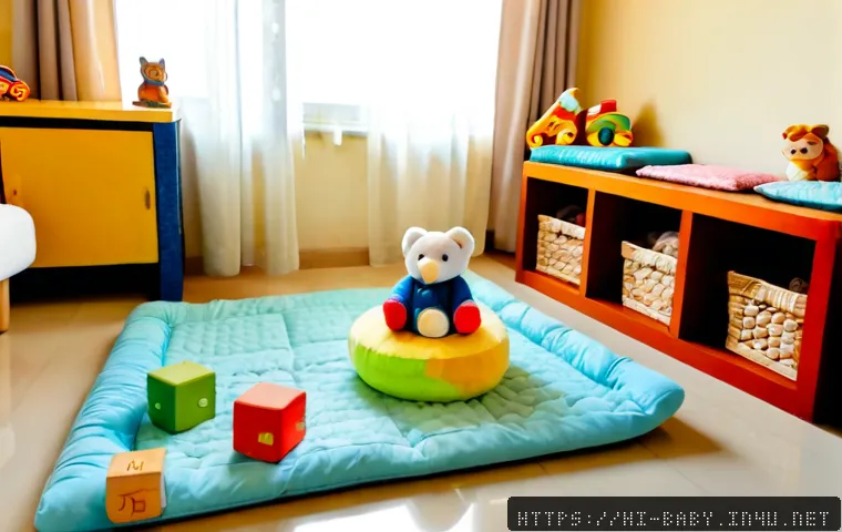 아기 놀이코너 꾸미기 - Photorealistic cozy baby play corner in a bright Indian family living room, soft padded floor mat, l...
