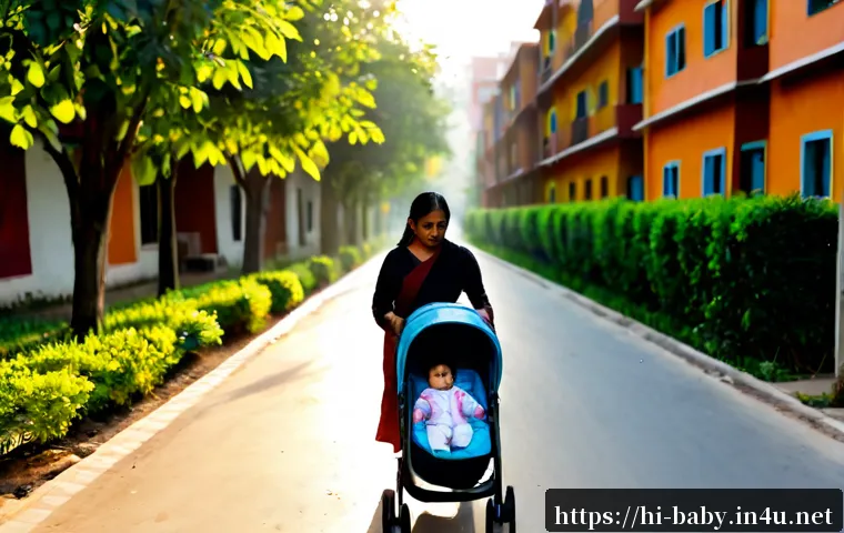 아기와 동네 산책 - Photorealistic Indian mother in modest casual clothing pushing a stroller with a fully clothed baby ...