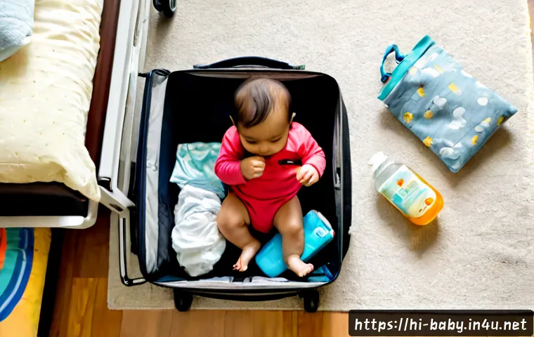 아기와 여행 준비물 - Photorealistic overhead view of a young Indian parent carefully packing baby travel essentials into ...