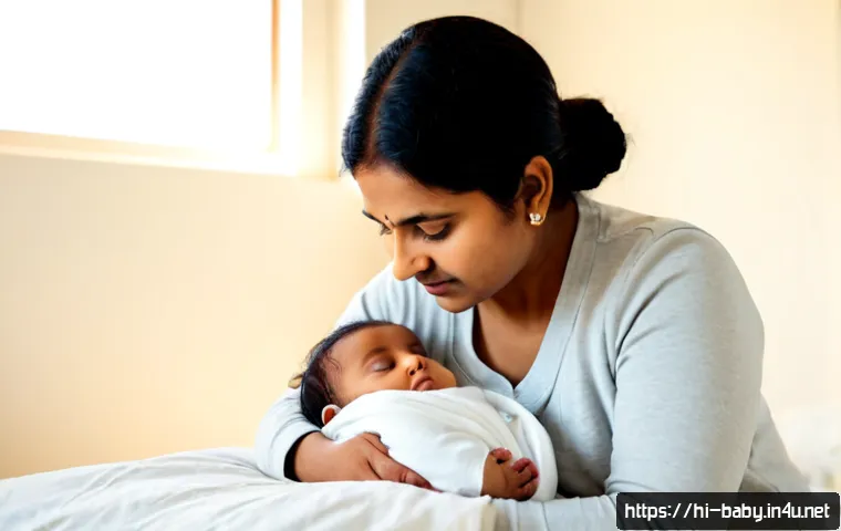 Home 17 아기 감기 초기 증상 - Photorealistic close-up of a concerned Indian mother gently checking her infant’s forehead for warmt...