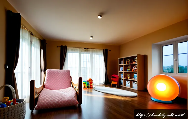 아기 놀이방 조명 추천 - Photorealistic Indian family apartment baby playroom, warm dimmable ceiling light softly illuminatin...